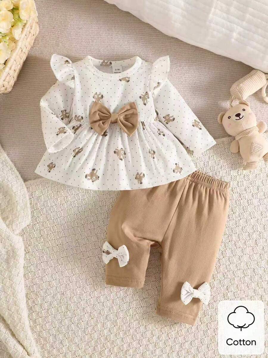Pink Heart Knit Outfit Set with Bow Detail for Autumn and Spring Wear