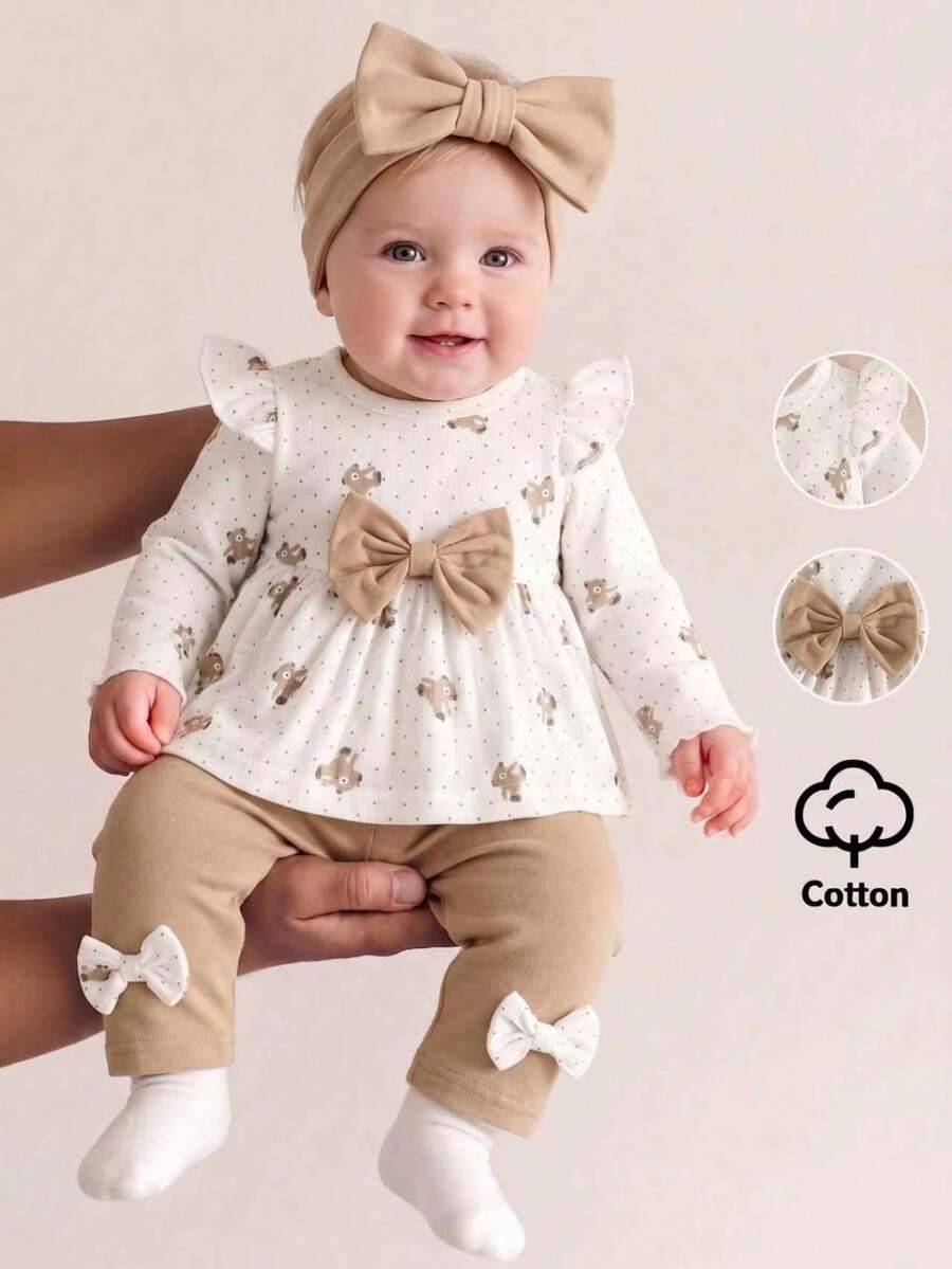 Pink Heart Knit Outfit Set with Bow Detail for Autumn and Spring Wear