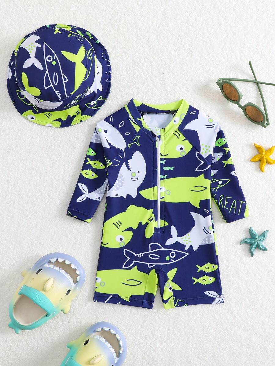 Baby Shark & Whale Print Long Sleeve Zipper Rash Guard Swimsuit with Matching Hat