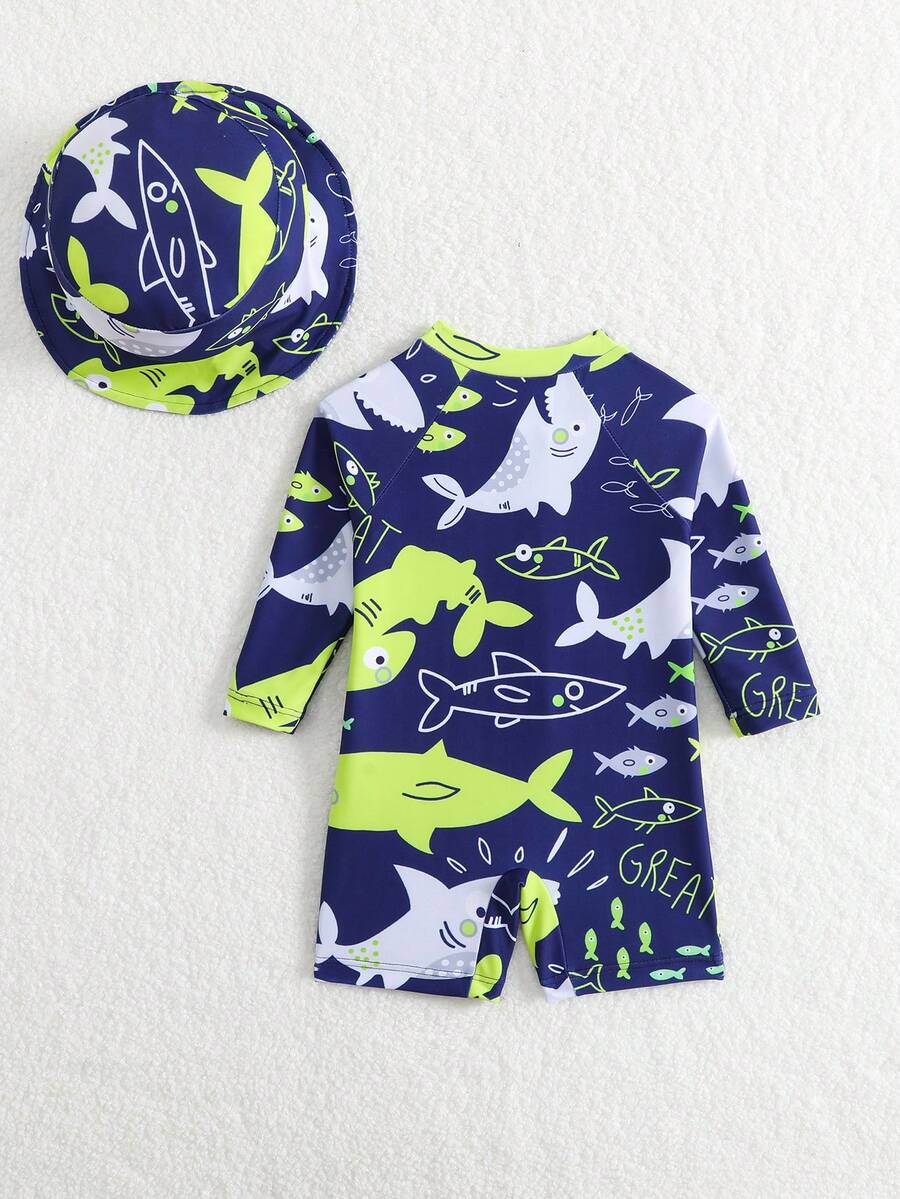 Baby Shark & Whale Print Long Sleeve Zipper Rash Guard Swimsuit with Matching Hat