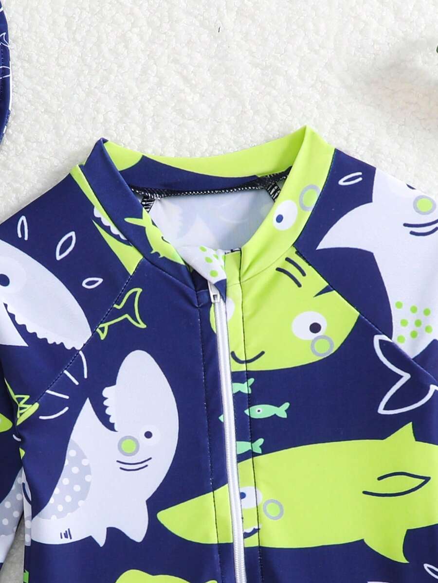 Baby Shark & Whale Print Long Sleeve Zipper Rash Guard Swimsuit with Matching Hat