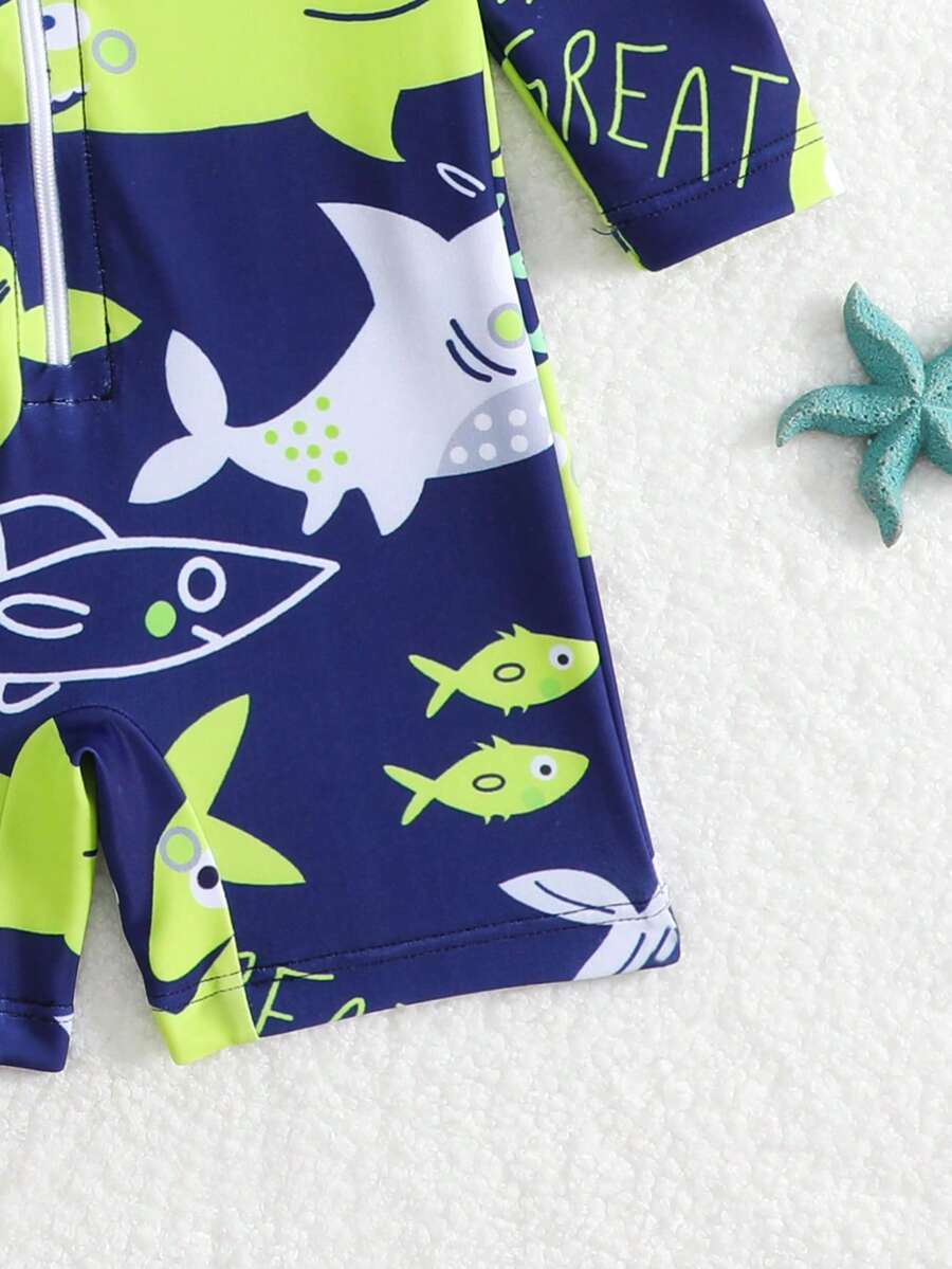 Baby Shark & Whale Print Long Sleeve Zipper Rash Guard Swimsuit with Matching Hat