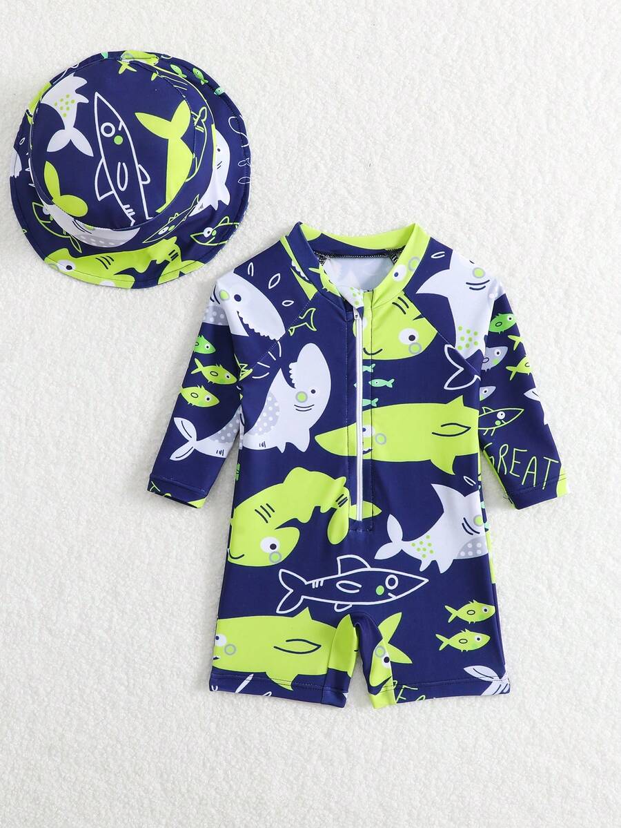 Baby Shark & Whale Print Long Sleeve Zipper Rash Guard Swimsuit with Matching Hat
