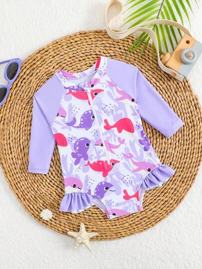 Baby Girl Cartoon Fish Print Long Sleeve Rash Guard Swimsuit