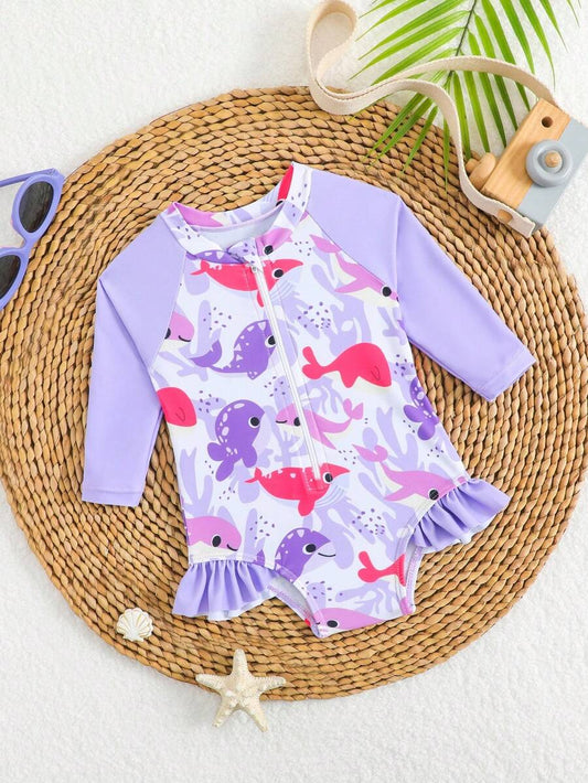 Baby Girl Cartoon Fish Print Long Sleeve Rash Guard Swimsuit