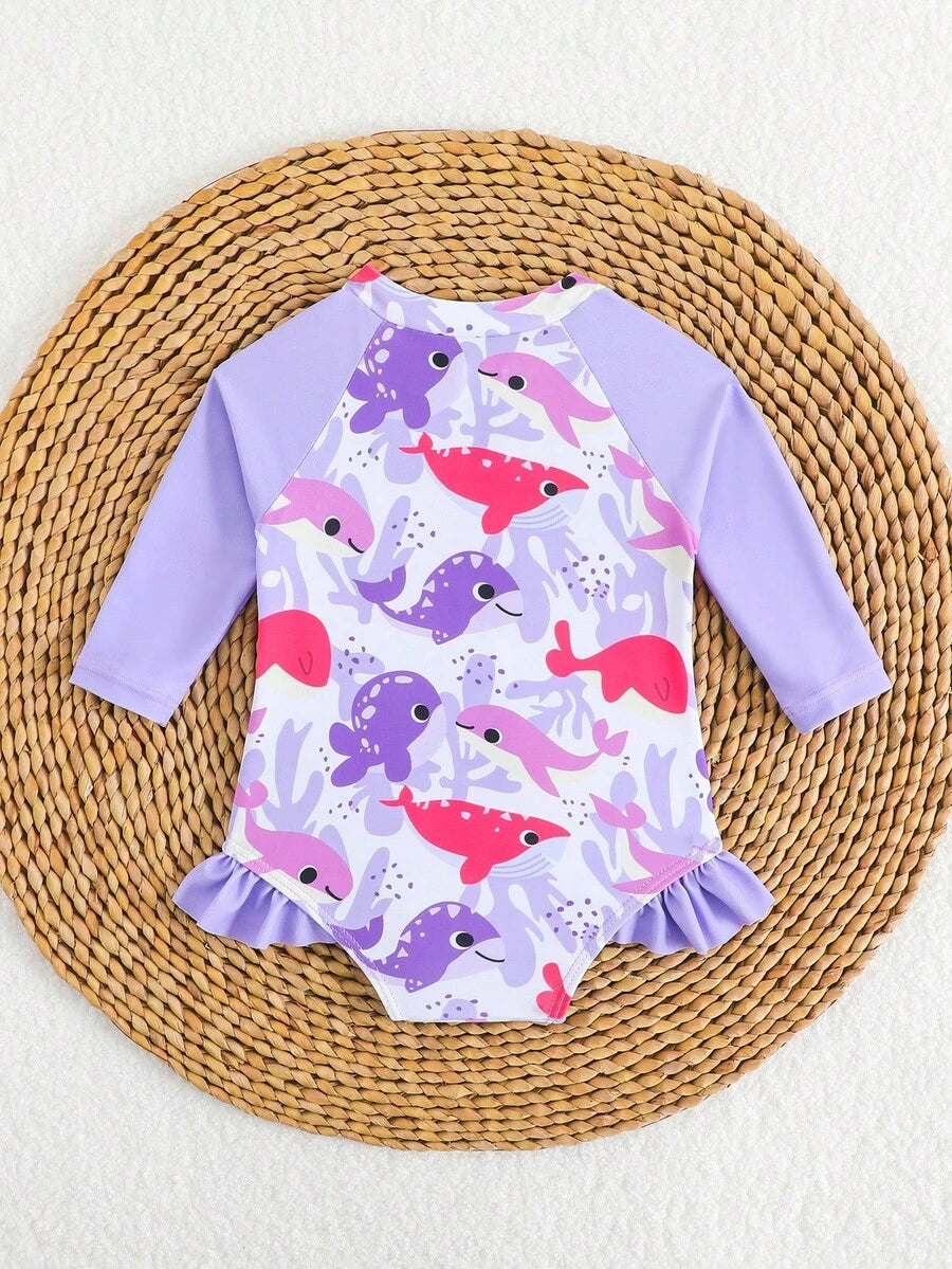 Baby Girl Cartoon Fish Print Long Sleeve Rash Guard Swimsuit