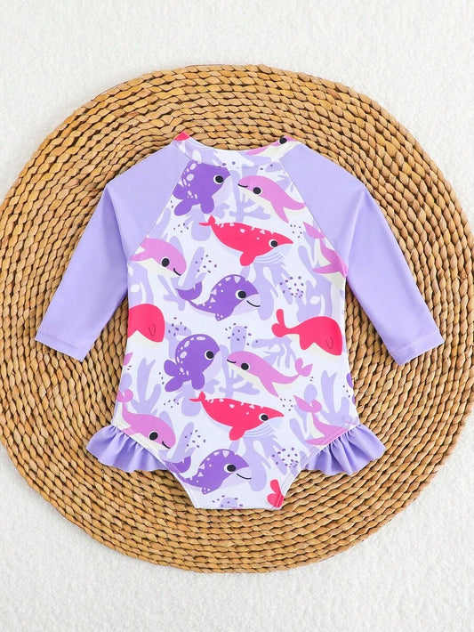 Baby Girl Cartoon Fish Print Long Sleeve Rash Guard Swimsuit