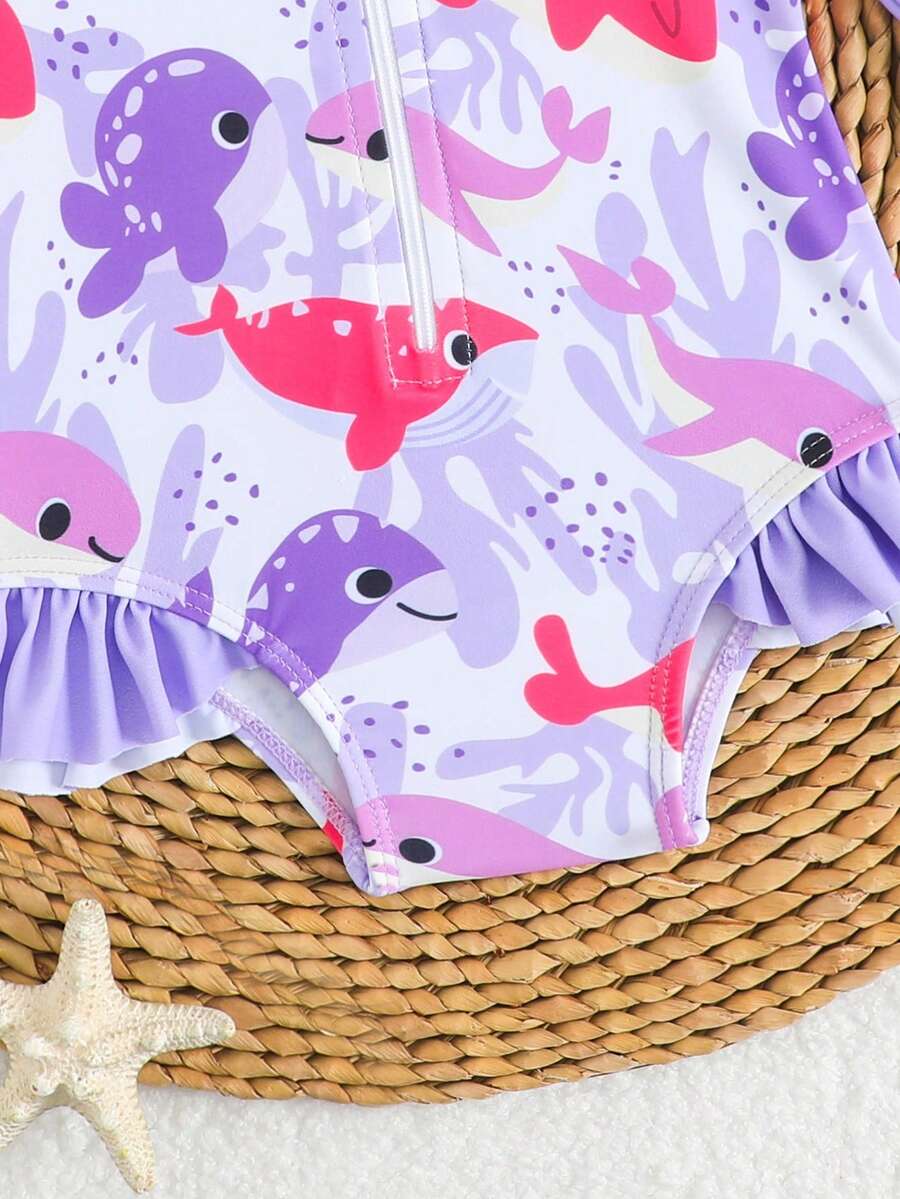 Baby Girl Cartoon Fish Print Long Sleeve Rash Guard Swimsuit