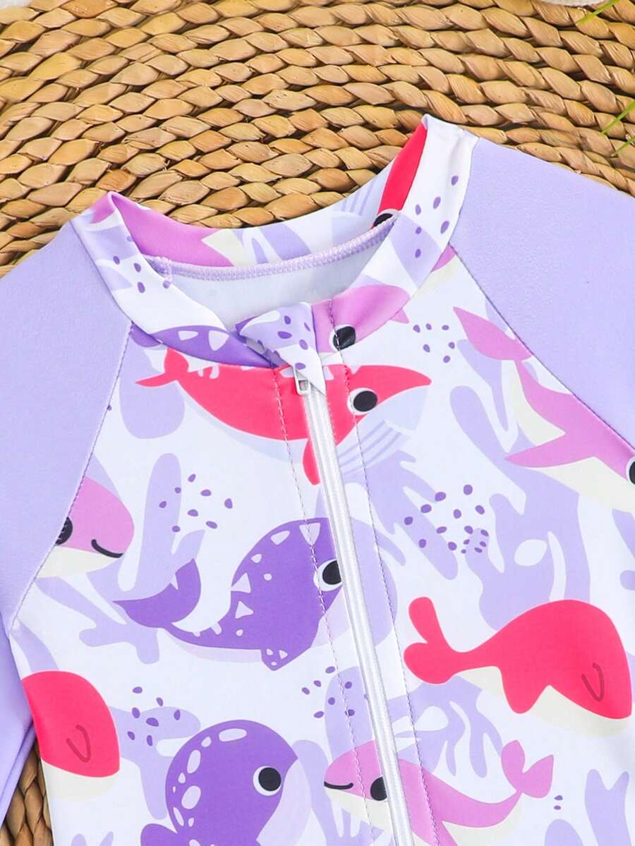 Baby Girl Cartoon Fish Print Long Sleeve Rash Guard Swimsuit