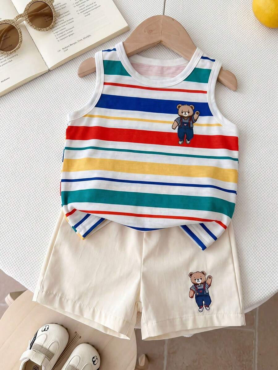 Baby Boy Striped Tank Top and Animal Embroidered Shorts 2 Piece Casual Summer Outfit Set