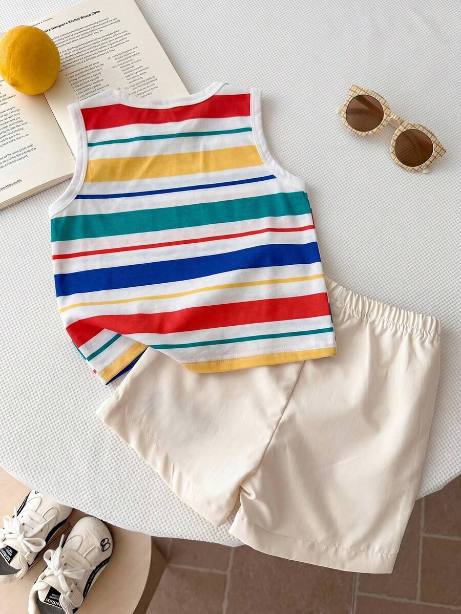 Baby Boy Striped Tank Top and Animal Embroidered Shorts 2 Piece Casual Summer Outfit Set