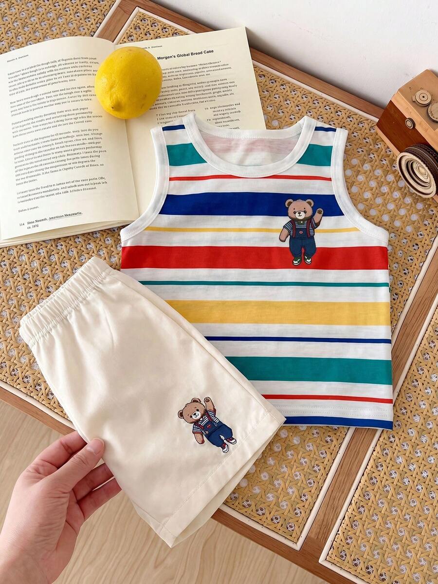 Baby Boy Striped Tank Top and Animal Embroidered Shorts 2 Piece Casual Summer Outfit Set
