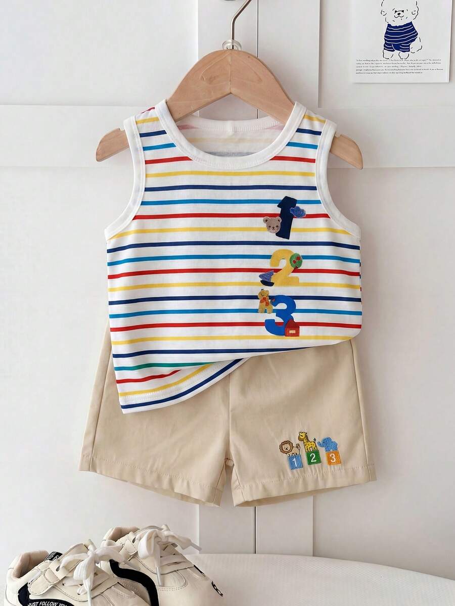 Baby Boy Striped Tank Top and Animal Embroidered Shorts 2 Piece Casual Summer Outfit Set