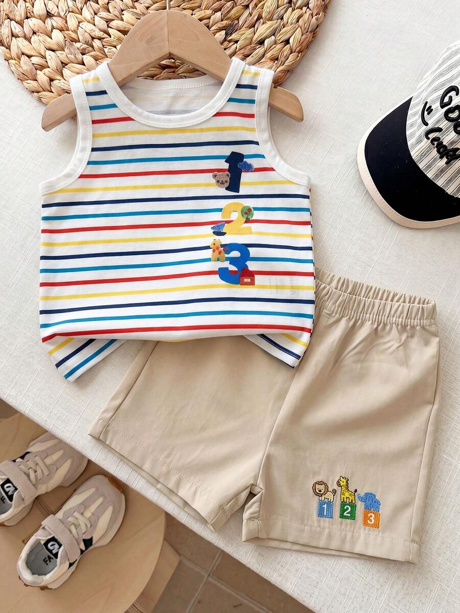 Baby Boy Striped Tank Top and Animal Embroidered Shorts 2 Piece Casual Summer Outfit Set