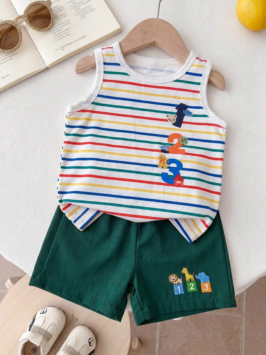 Baby Boy Striped Tank Top and Animal Embroidered Shorts 2 Piece Casual Summer Outfit Set