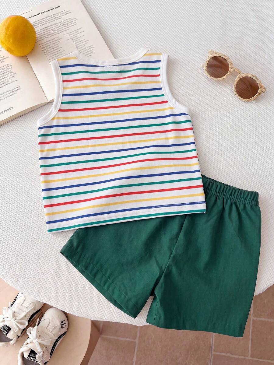 Baby Boy Striped Tank Top and Animal Embroidered Shorts 2 Piece Casual Summer Outfit Set