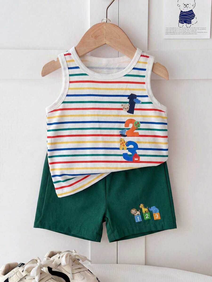Baby Boy Striped Tank Top and Animal Embroidered Shorts 2 Piece Casual Summer Outfit Set