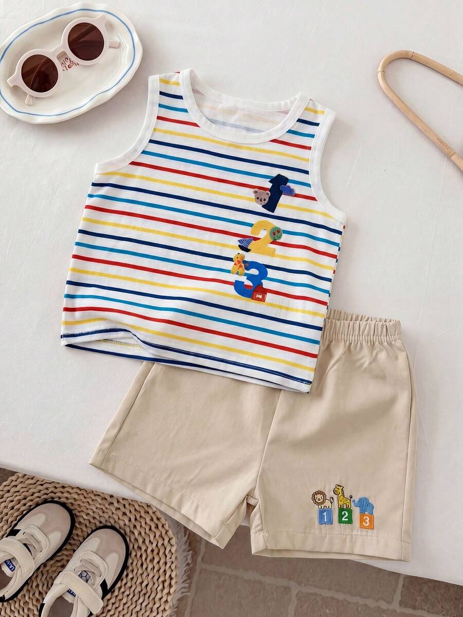 Baby Boy Striped Tank Top and Animal Embroidered Shorts 2 Piece Casual Summer Outfit Set