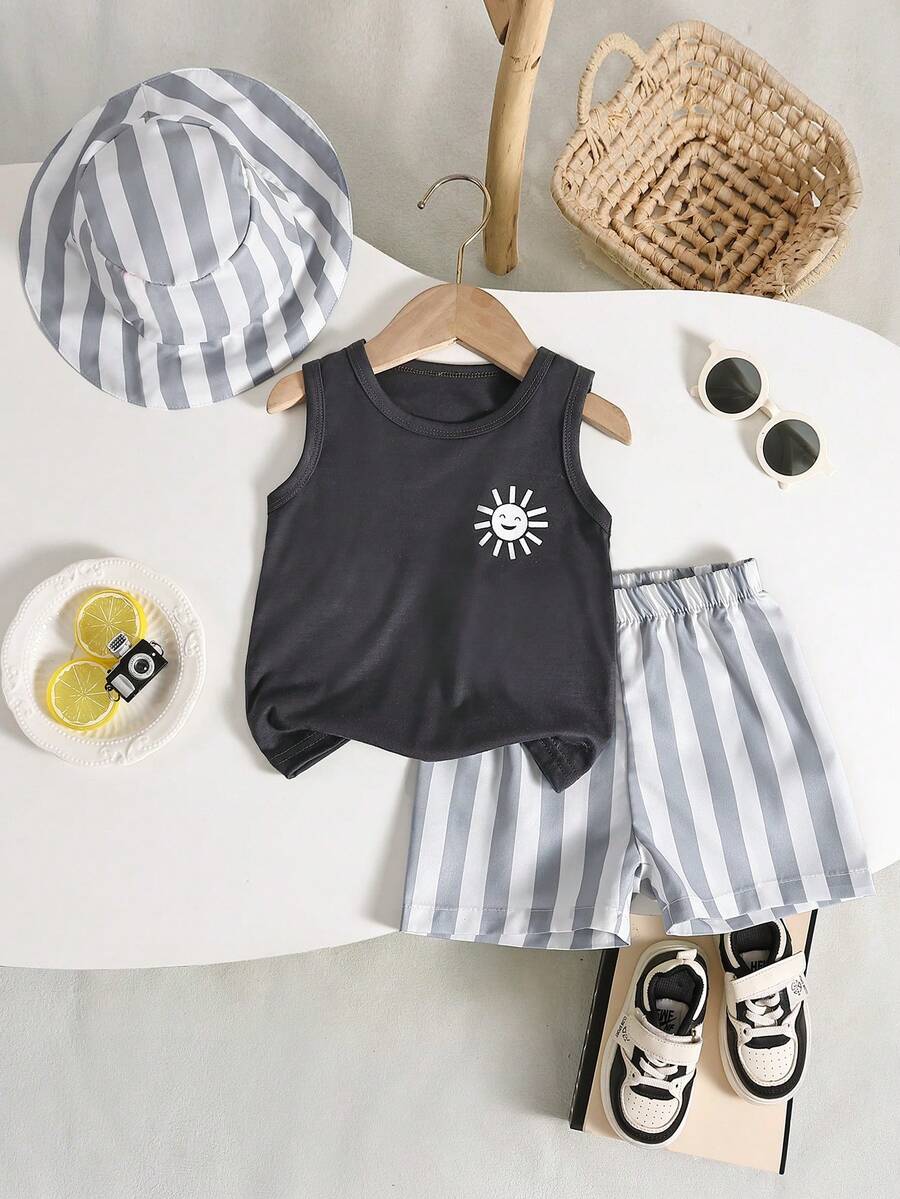 Baby Boy Letter Print Top Coconut Tree Print Shorts and Hat 3 Piece Summer Beach Vacation Outfit Set