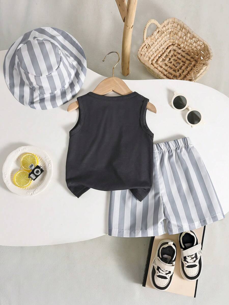 Baby Boy Letter Print Top Coconut Tree Print Shorts and Hat 3 Piece Summer Beach Vacation Outfit Set