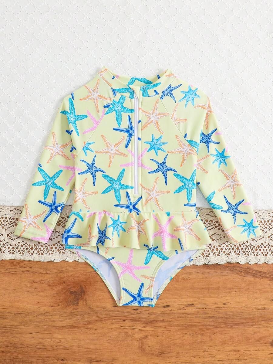 Leopard Print One Piece Swimsuit For Baby Girls With Ruffle Trim Beachwear