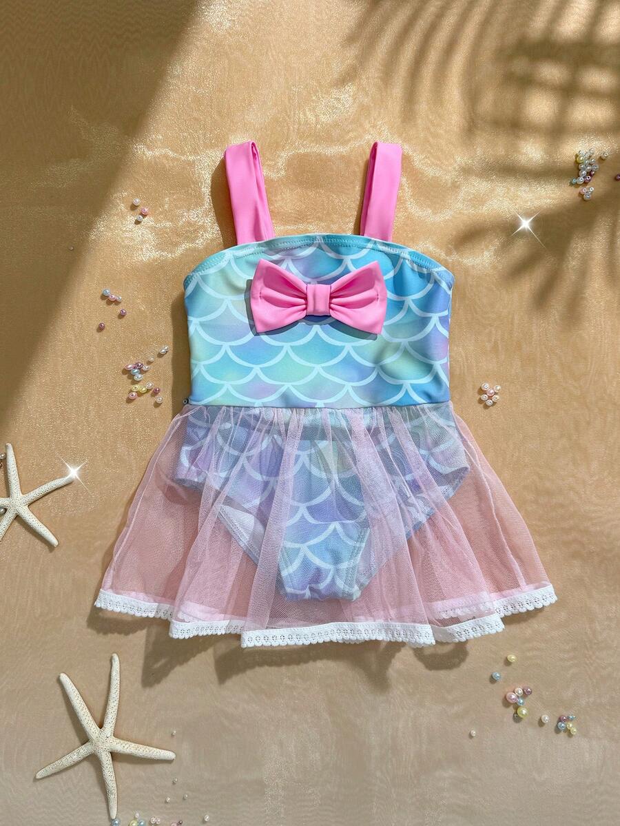 Baby Girls Mermaid Fish Scale One Piece Swimsuit Cute Ocean Princess Beachwear