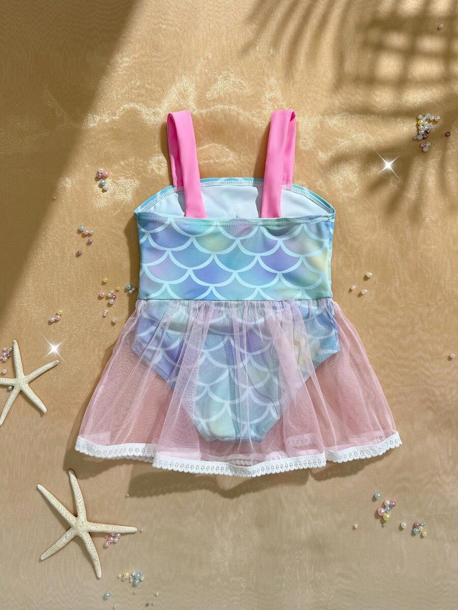 Baby Girls Mermaid Fish Scale One Piece Swimsuit Cute Ocean Princess Beachwear