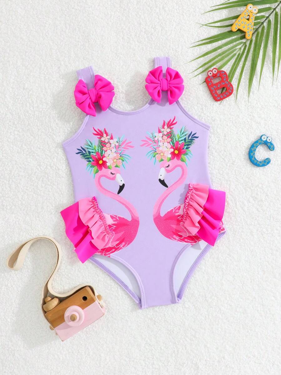 Baby Girls Cartoon Graphic One Piece Swimsuit With Bow Front And Ruffle Trim