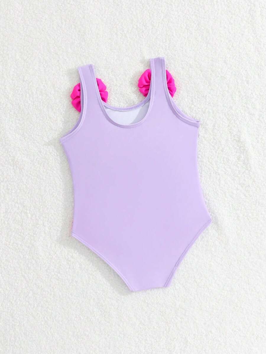 Baby Girls Cartoon Graphic One Piece Swimsuit With Bow Front And Ruffle Trim