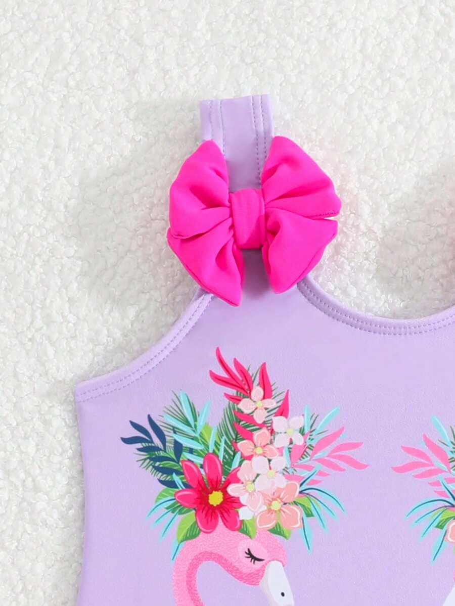 Baby Girls Cartoon Graphic One Piece Swimsuit With Bow Front And Ruffle Trim