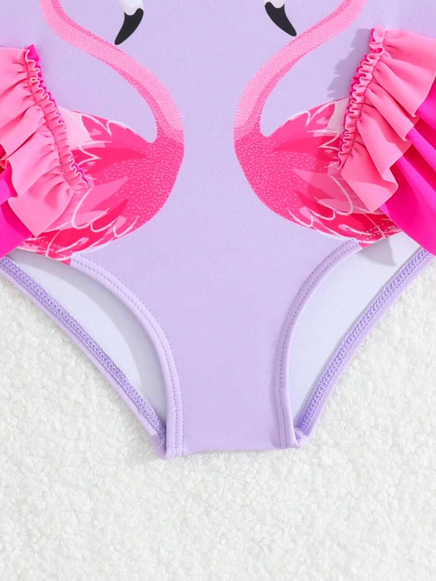 Baby Girls Cartoon Graphic One Piece Swimsuit With Bow Front And Ruffle Trim