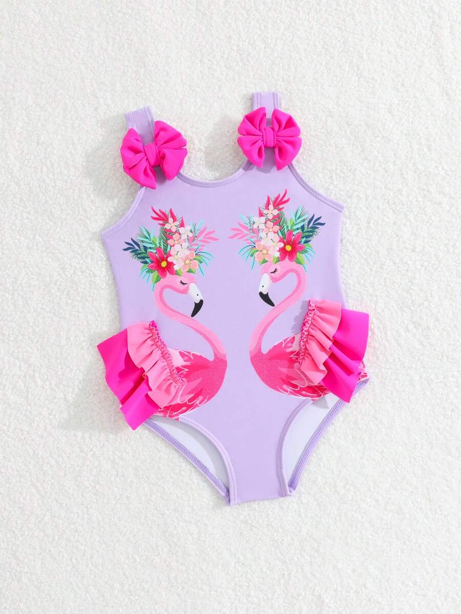 Baby Girls Cartoon Graphic One Piece Swimsuit With Bow Front And Ruffle Trim