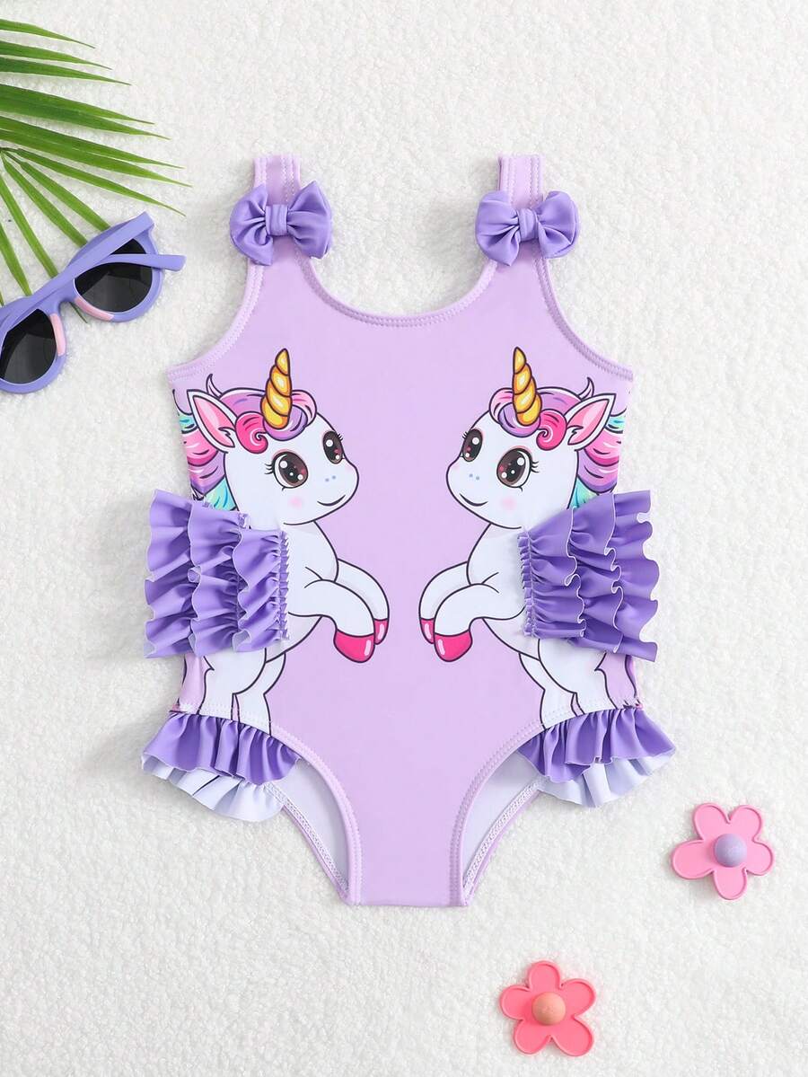 Baby Girls Cartoon Graphic One Piece Swimsuit With Bow Front And Ruffle Trim