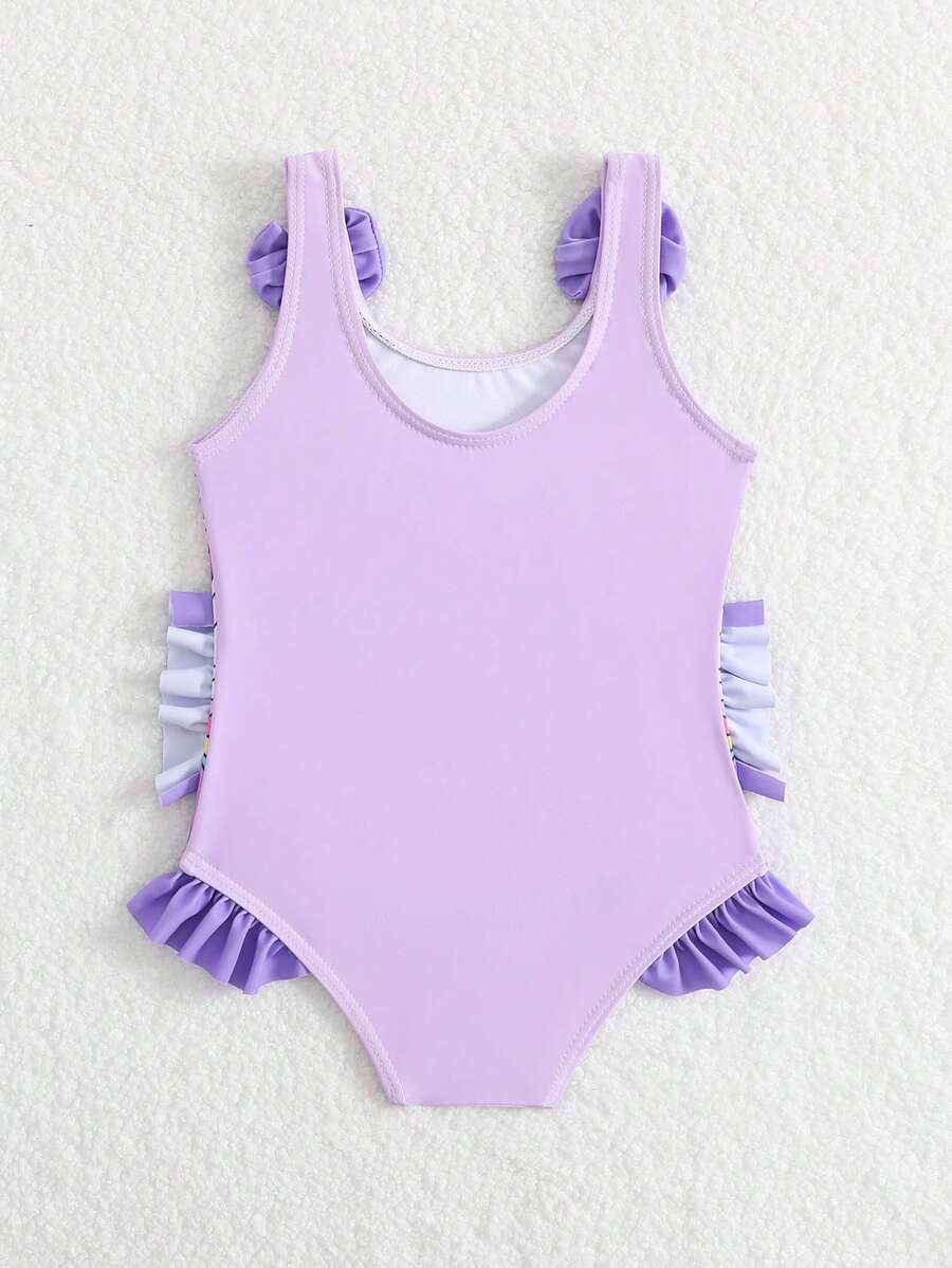 Baby Girls Cartoon Graphic One Piece Swimsuit With Bow Front And Ruffle Trim