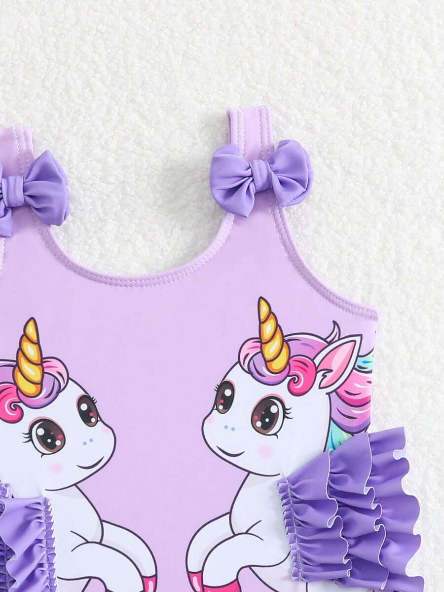 Baby Girls Cartoon Graphic One Piece Swimsuit With Bow Front And Ruffle Trim