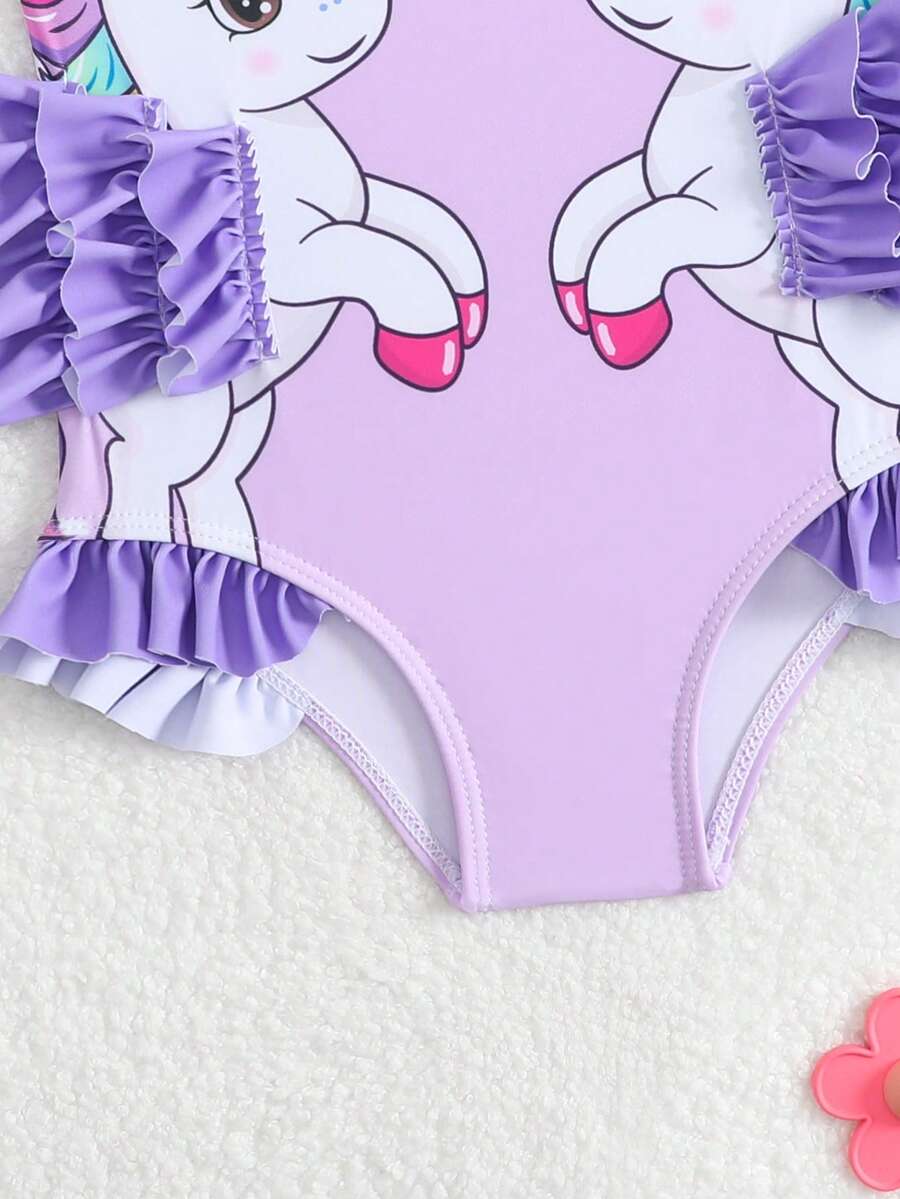Baby Girls Cartoon Graphic One Piece Swimsuit With Bow Front And Ruffle Trim