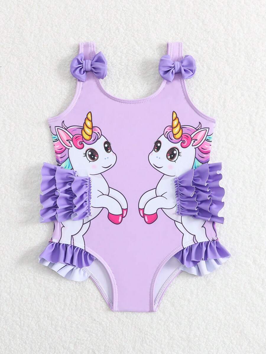 Baby Girls Cartoon Graphic One Piece Swimsuit With Bow Front And Ruffle Trim