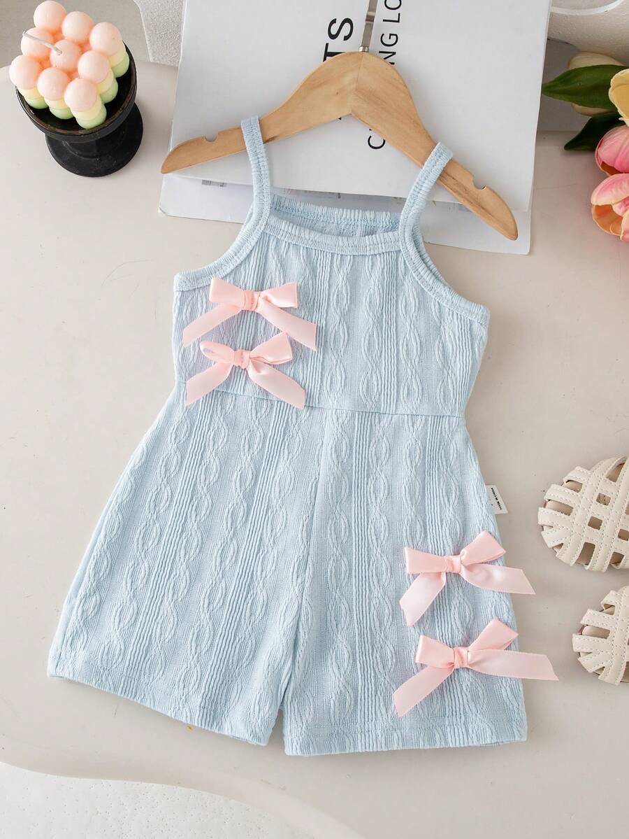 Cute Baby Girl Sleeveless Ribbed Short Jumpsuit With Bow Detail Casual Summer Wear