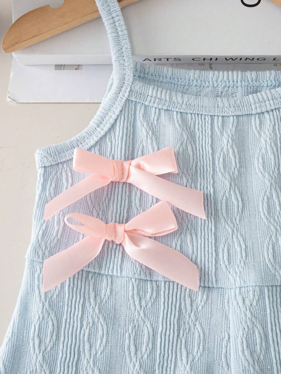Cute Baby Girl Sleeveless Ribbed Short Jumpsuit With Bow Detail Casual Summer Wear