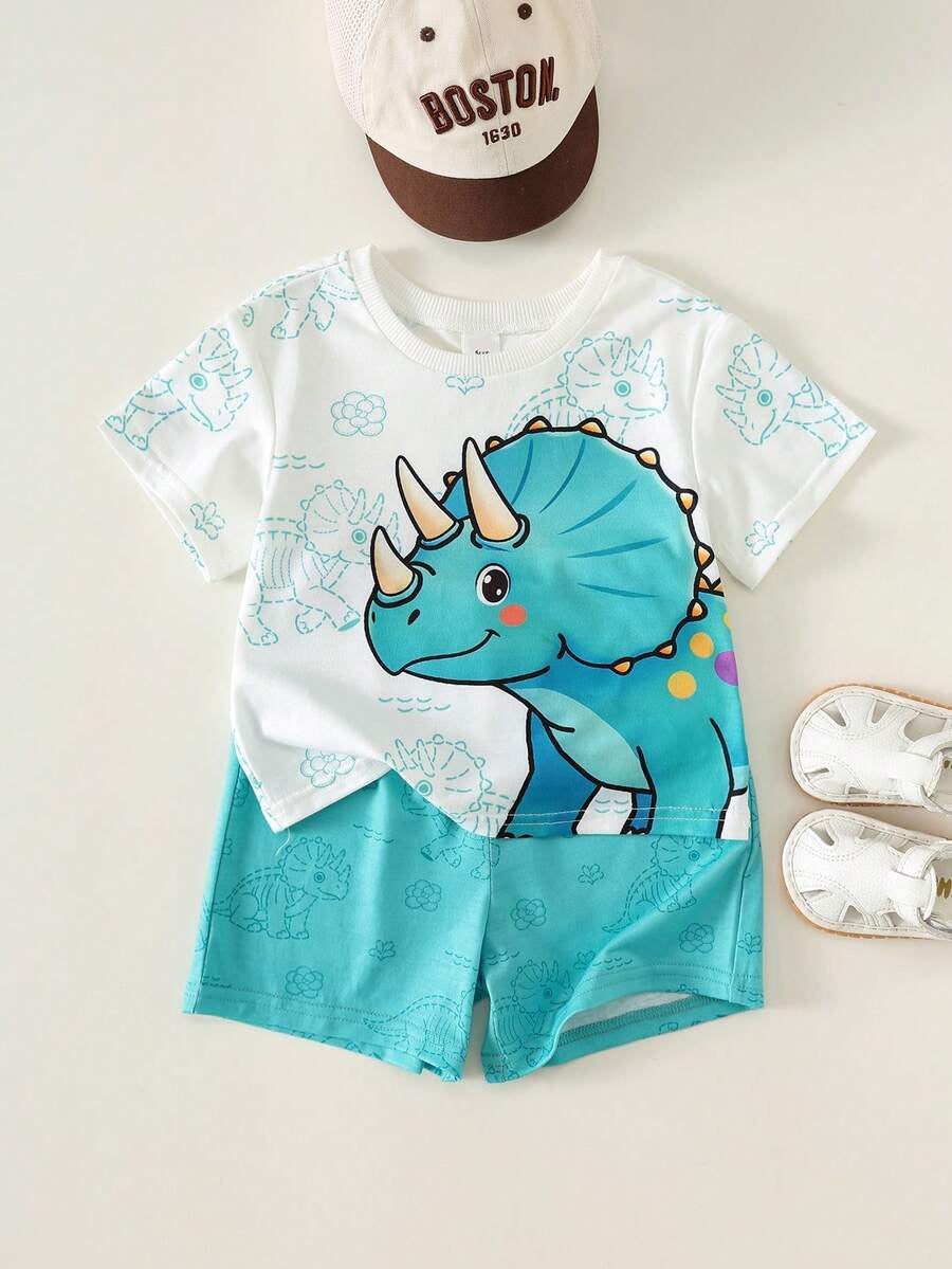 Baby Boy Animal Crayon Print T Shirt and Knitted Shorts 2 Piece Casual Spring Summer Outfit Set
