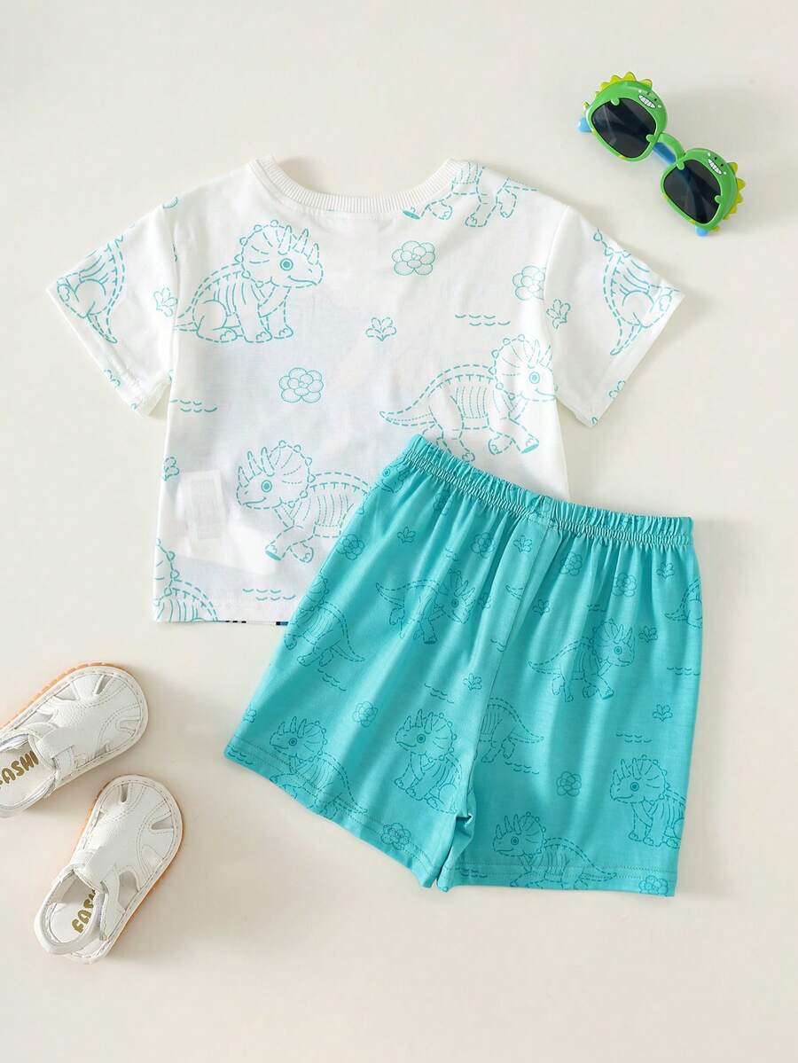 Baby Boy Animal Crayon Print T Shirt and Knitted Shorts 2 Piece Casual Spring Summer Outfit Set