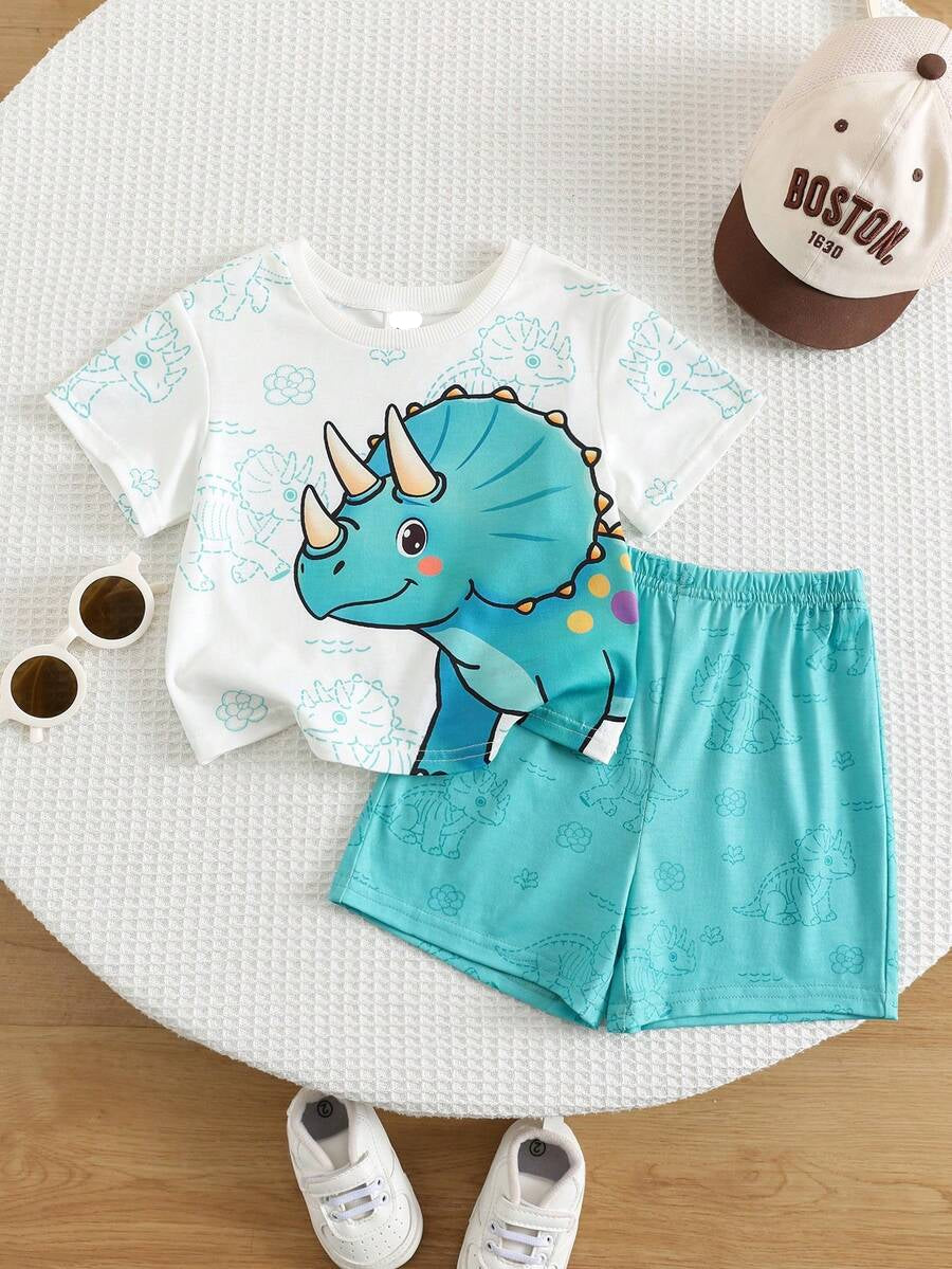 Baby Boy Animal Crayon Print T Shirt and Knitted Shorts 2 Piece Casual Spring Summer Outfit Set