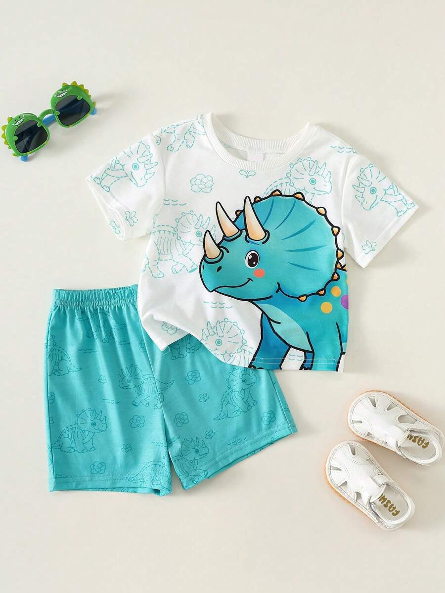 Baby Boy Animal Crayon Print T Shirt and Knitted Shorts 2 Piece Casual Spring Summer Outfit Set