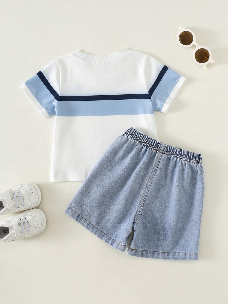 Baby Boy Black and White Striped T Shirt and Denim Shorts 2 Piece Casual Spring Summer Outfit Set