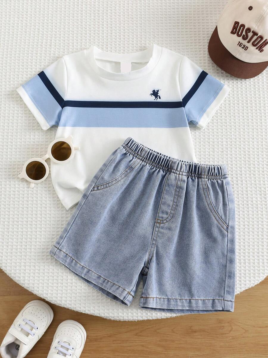 Baby Boy Black and White Striped T Shirt and Denim Shorts 2 Piece Casual Spring Summer Outfit Set