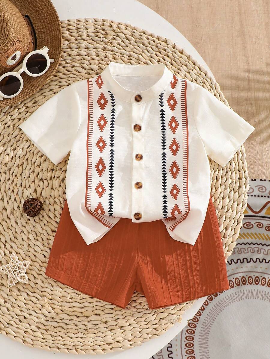 Summer Outing Baby Boy 2-Piece Printed Shirt and Comfortable Shorts Set