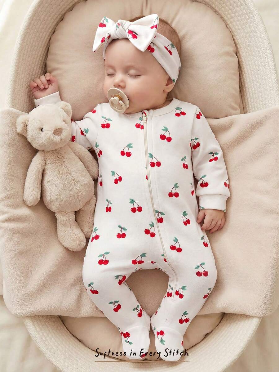 Floral Print Baby Girl Knit Romper with Long Sleeve Crew Neck Design
