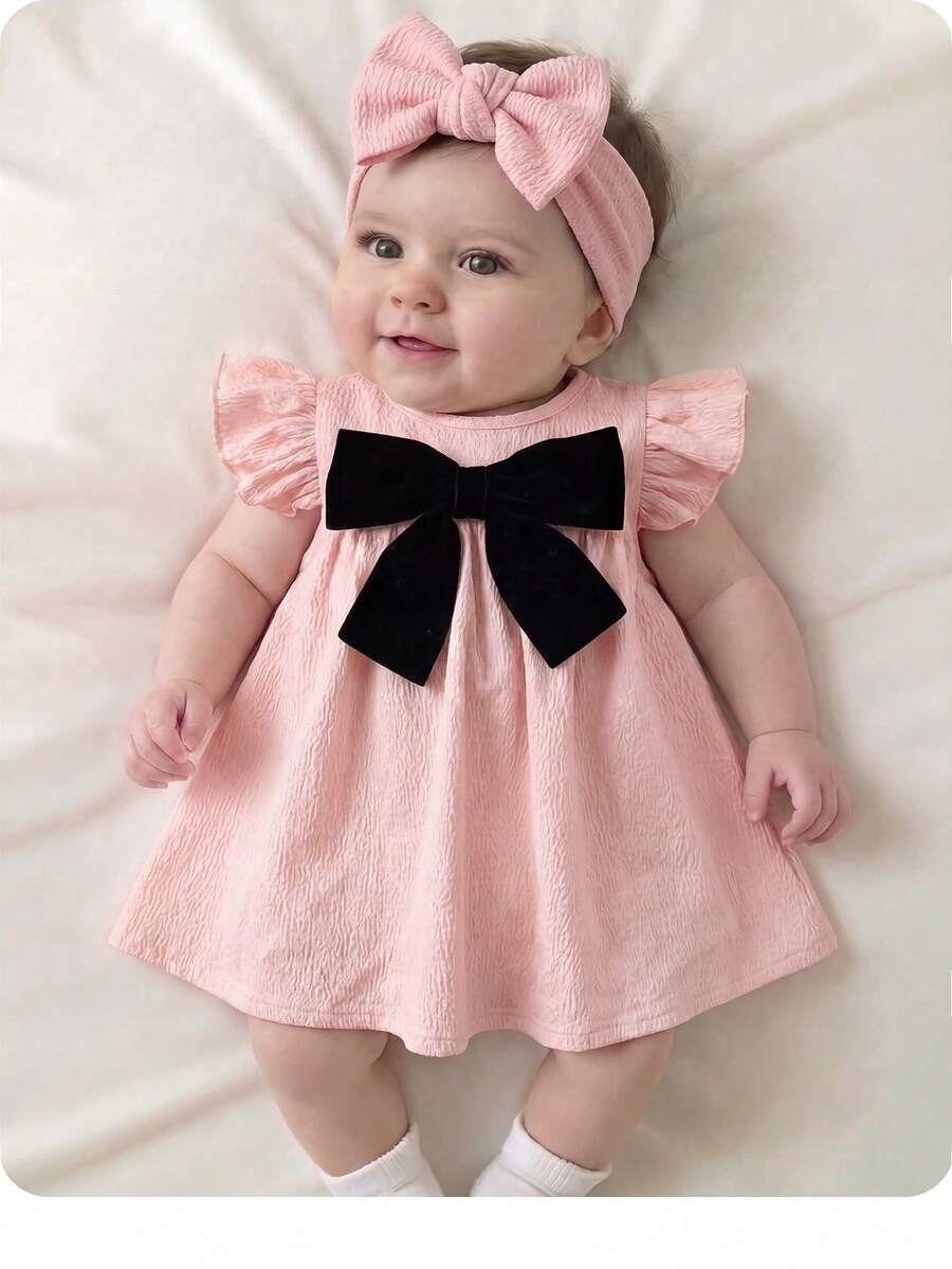 Infant Ivory Short Sleeve Dress - Elegant Textured Fabric for Little Ones
