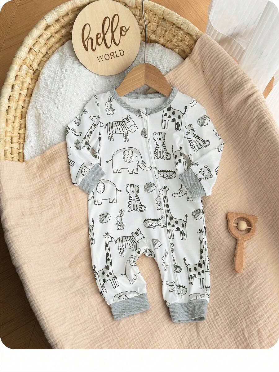Cute Cartoon Bear Print Baby Zipper Romper for Newborn Boys and Girls