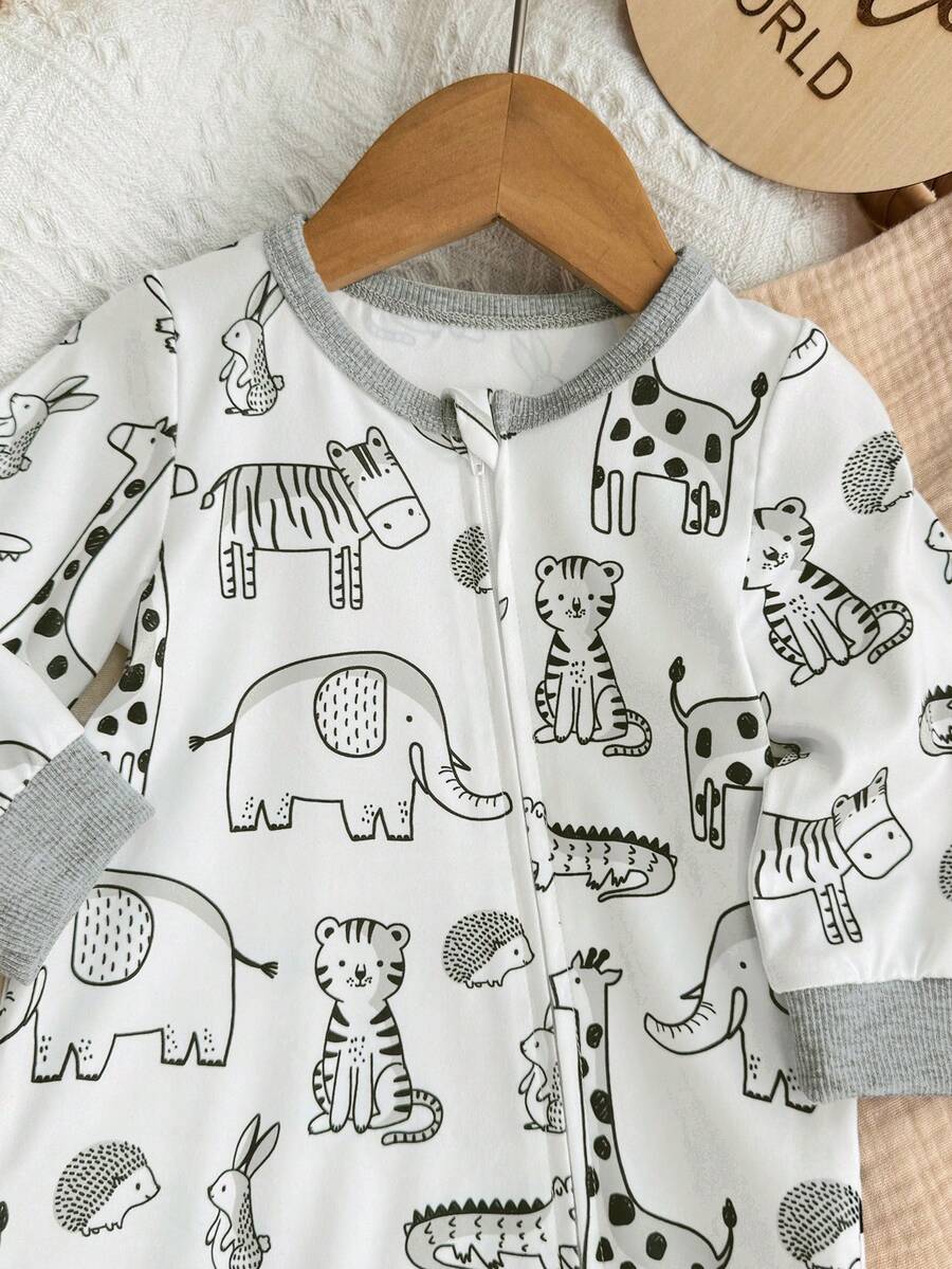 Cute Cartoon Bear Print Baby Zipper Romper for Newborn Boys and Girls